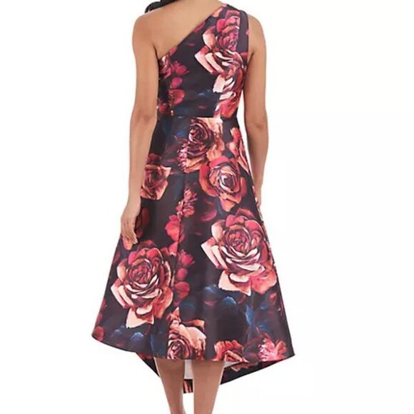 Kay Unger Iris Oxblood Multi Floral One-Shoulder Handkerchief Hem Midi Dress - Picture 4 of 4